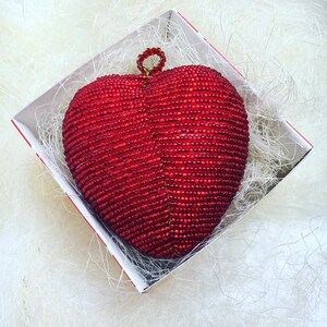 Red heart ornament Сhristmas ornaments Beaded sculpture