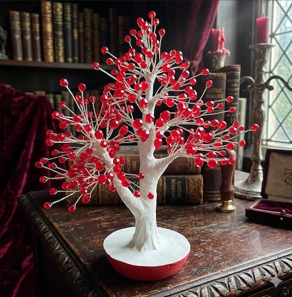 Gothic Crimson Crystal Tree Sculpture, Red Crystal Bonsai, Vampire Decor