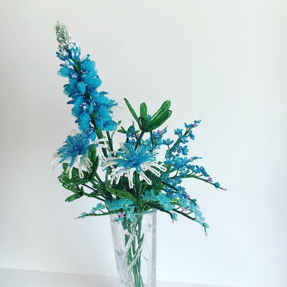Blue French Beaded Flower Bouquet: Texas Wildflower Decor