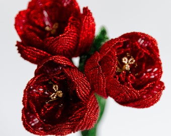 Red Beaded Tulip Bouquet, Wire Sculpture Floral Decor