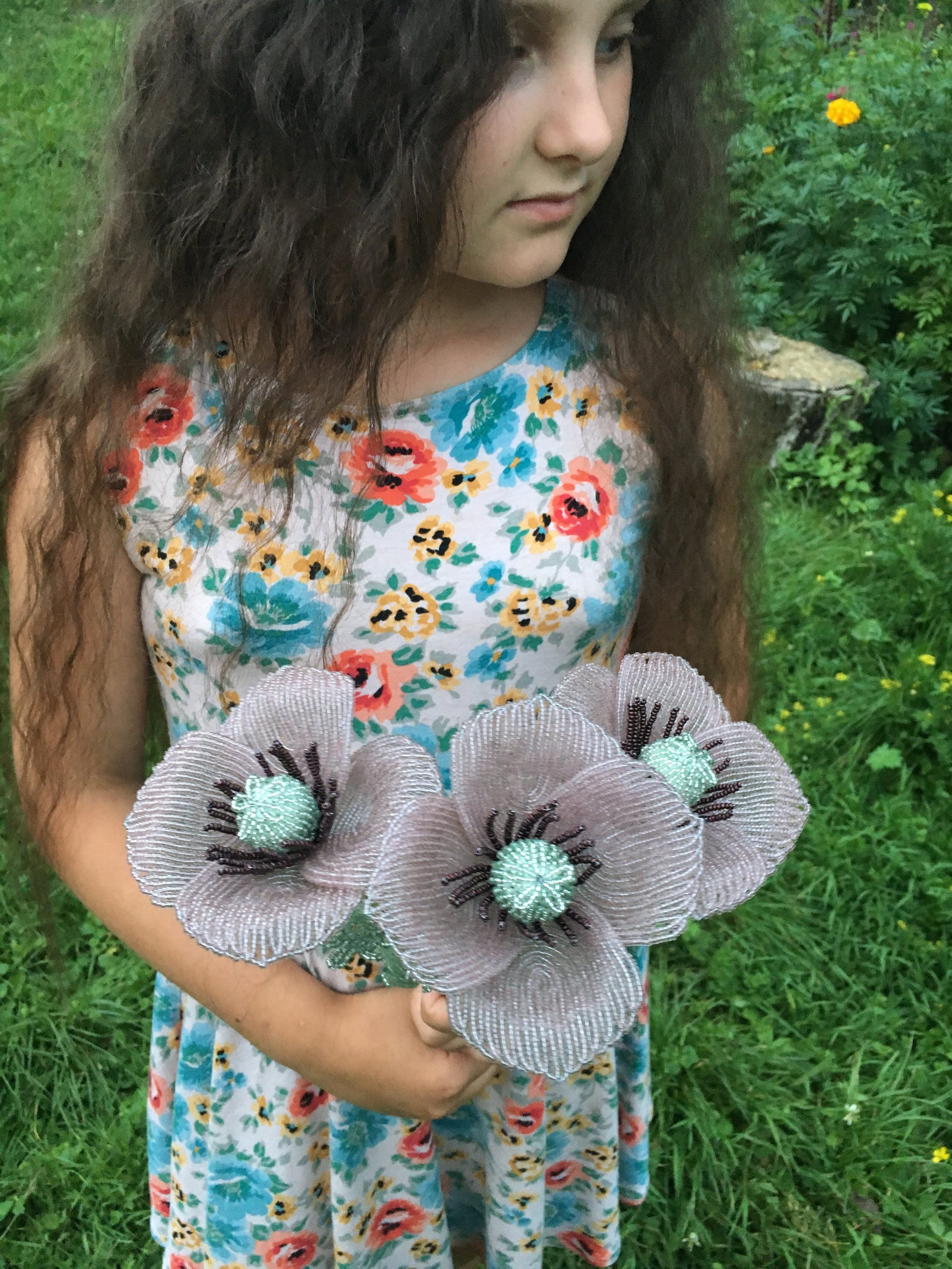 August birth month flower French beaded flower Bouquet of poppy Field flowers Beaded flower centerpiece
