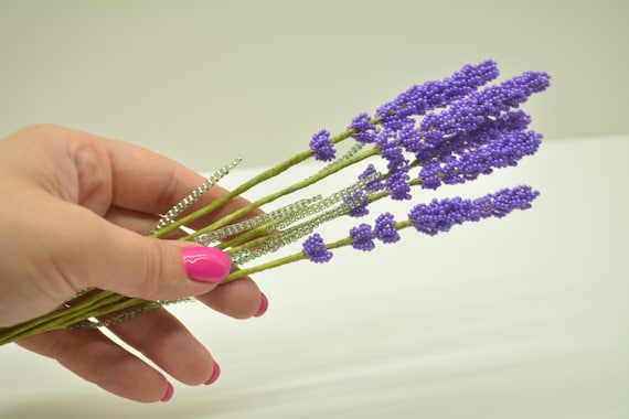 ✽Handmade✽Beads Flower✽LavenderのブーケA✽5本✽ Beaded Lavender Bouquet, Czech Beads, Wire Sculpture, Home Decor