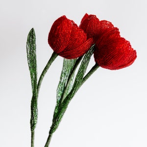 Red tulip beaded flower Bouquet Tulips blossom Beads flowers arrangement Floral decor Best gift ideas Wire bead sculpture