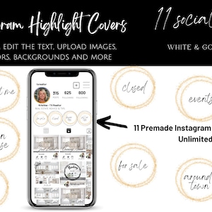 Pu&ograve; includere: Undici copertine per highlight di storie Instagram bianche e dorate con testo come "sotto contratto", "su di me", "casa aperta", "suggerimenti per i venditori", "recensioni", "chiuso", "eventi", "viaggi", "in vendita", "in giro per la citt&agrave;" e "suggerimenti per gli acquirenti".