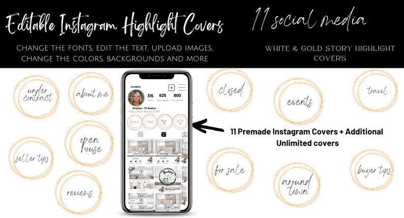 Pu&ograve; includere: Undici copertine per highlight di storie Instagram bianche e dorate con testo come "sotto contratto", "su di me", "casa aperta", "suggerimenti per i venditori", "recensioni", "chiuso", "eventi", "viaggi", "in vendita", "in giro per la citt&agrave;" e "suggerimenti per gli acquirenti".