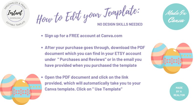 May include: An instructional graphic for editing a template, with text and Easter egg illustrations. The text explains how to use Canva, with the phrases "Instant Download" and "Made in Canva."