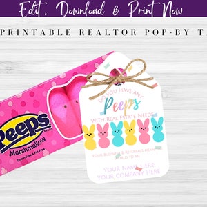 Real Estate Easter Pop By Tags, April Real Estate Team Marketing, Referral, Business Marketing Cards, Spring Easter, Editable, Peeps