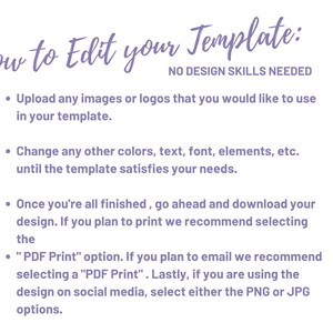 May include: A guide on editing a template, with Easter egg graphics. The text reads "How to Edit your Template" and "No Design Skills Needed." Instructions include uploading images, changing colours, and downloading the design. Includes "Made in Canva".