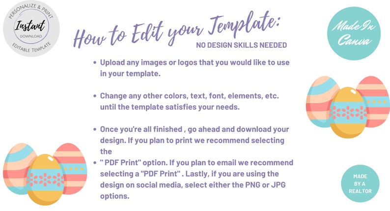 May include: A guide on editing a template, with Easter egg graphics. The text reads "How to Edit your Template" and "No Design Skills Needed." Instructions include uploading images, changing colours, and downloading the design. Includes "Made in Canva".