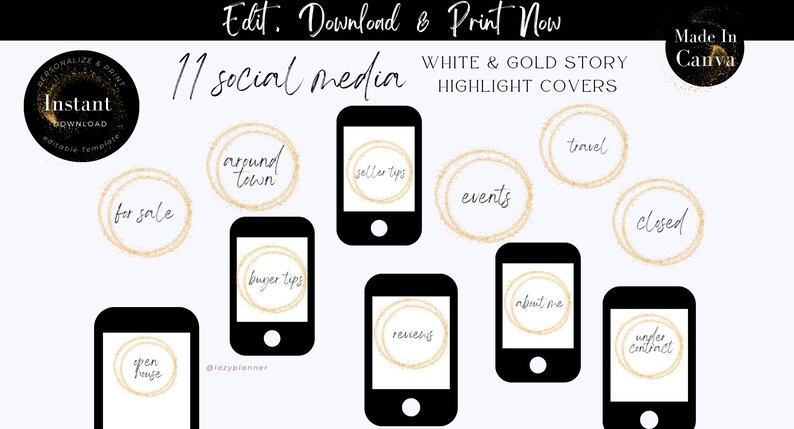 Pu&ograve; includere: Undici copertine di evidenziazione delle storie dei social media bianche e dorate con testo nero. Le copertine presentano testo come "intorno alla citt&agrave;", "suggerimenti per i venditori", "eventi", "in vendita", "viaggi", "chiuso", "suggerimenti per gli acquirenti", "su di me", "recensioni", "casa aperta" e "in corso di trattativa".
