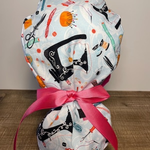 Women’s surgical scrub cap with ponytail- sewing theme