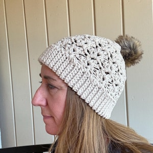 Adult Crocheted cream colored Winter Hat with faux fur Pom
