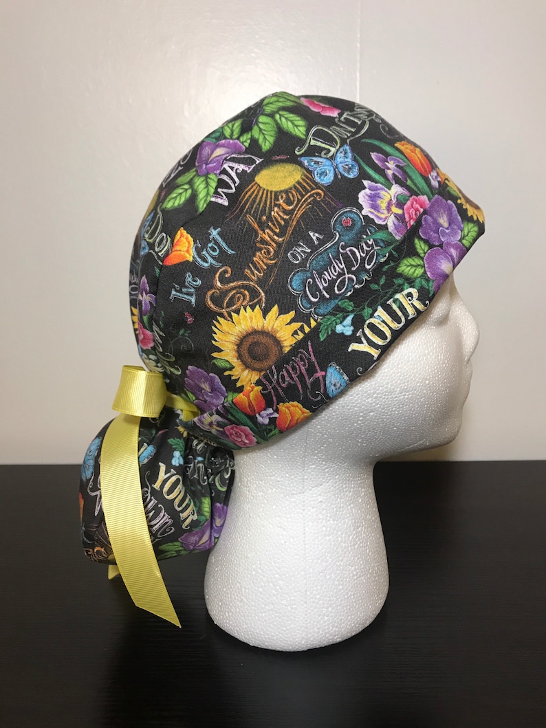 Sunshine /& Flowers women\u2019s scrub hat with ponytail