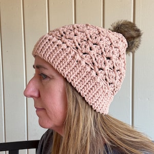 Adult Crocheted country pink Winter Hat with faux fur Pom