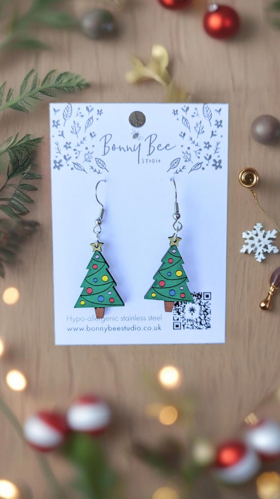 Festive Holiday Brightly Coloured Christmas Tree Dangle Wooden Earrings