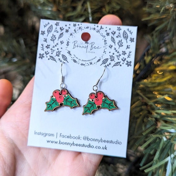 Festive Holly & Berries Christmas Dangle Wooden Earrings