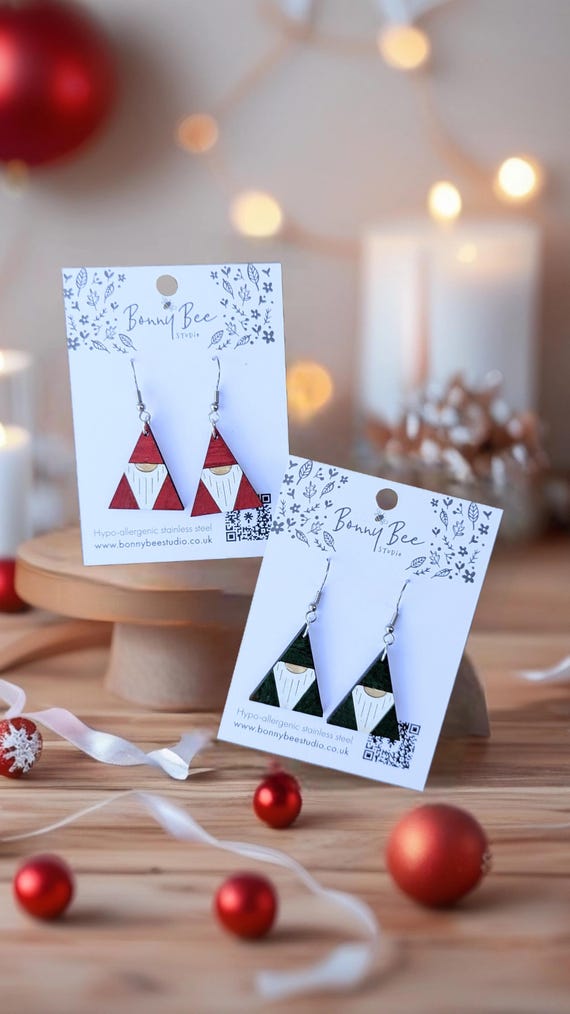 Festive Holiday Brightly Coloured Scandi Gonk Christmas Festive Dangle Wooden Earrings