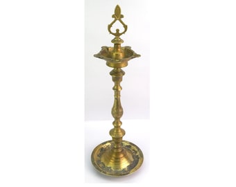 Vintage Decorative Old Solid Brass Oil Diya Lamp Stand - Traditional Religious Lamp Standing Diya - Hindu Prayer Room Decoration G53-554