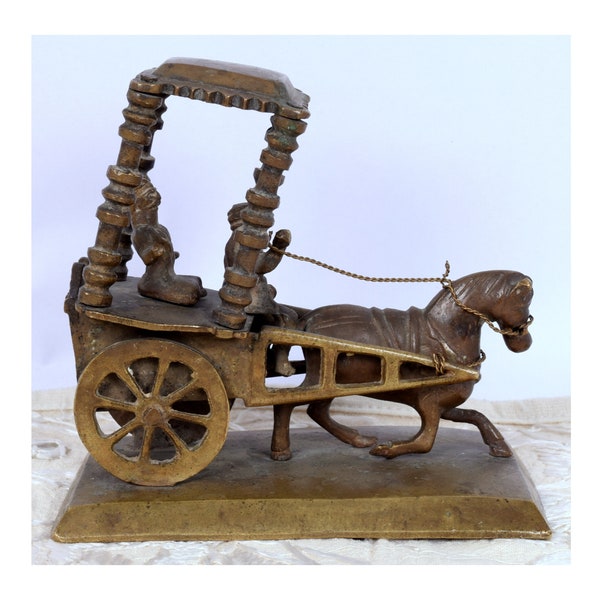 Beautiful Vintage Rare Old Brass Statue Indian Collectible Horse Cart - Indian Decorative Horse Cart - Toy Size Horse Bullock Cart. G7-736