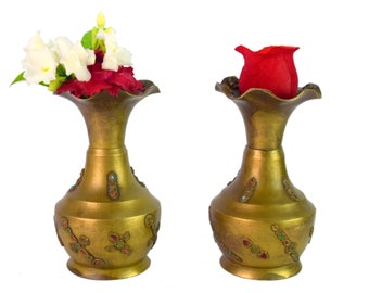 Vase de fleurs ajusté aux perles de laiton indien - Beau pot de fleurs fabriqué à la main pour la décoration de bureau à la maison et au bureau, vase de fleurs vintage (2 pièces) G7-1034