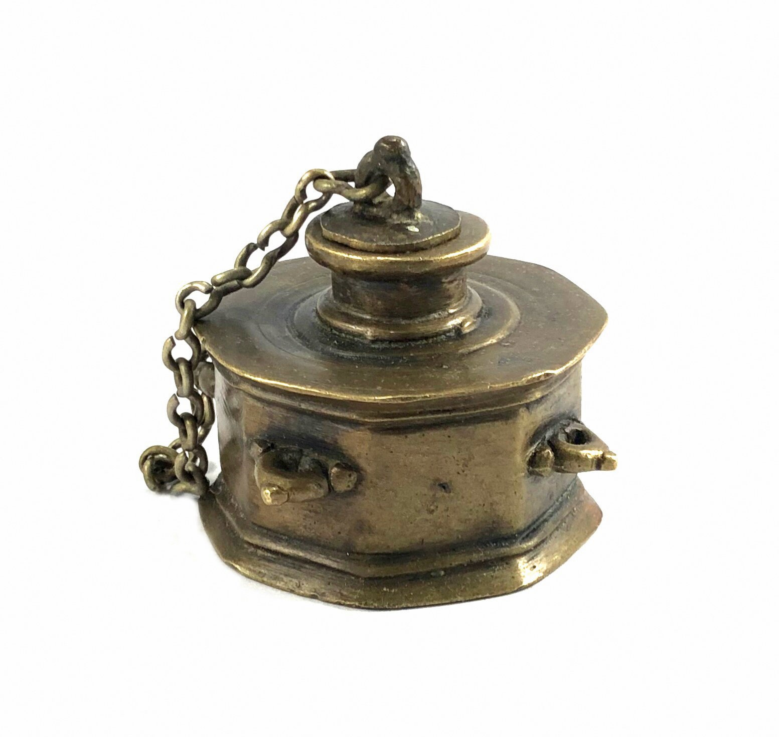 Antique Solid Brass Inkwell Miniature Inkpot Vintage Theme Décor Rare Temple Pagoda Style