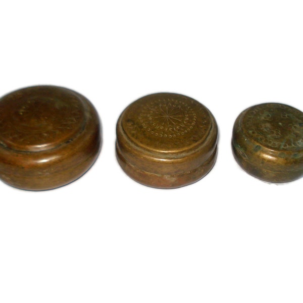 Set of 3 Collectible Indian Brass Chapati/Bread Box - Old Hand Crafted Round Box, Trinket Box, Kitchen Box – Unique Home Decor Box G66-579
