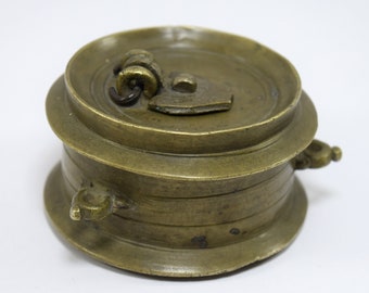 19c Rare Genuine Antique Solid Brass Ink Pot Round Shape Old Inkwell, Ink Holder Desk Decor A Collectors Item Rich Patina. G67-13