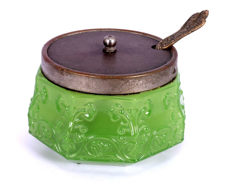 Vintage Decorative Old Green Glass Sugar Bowl With Spoon & Etsy