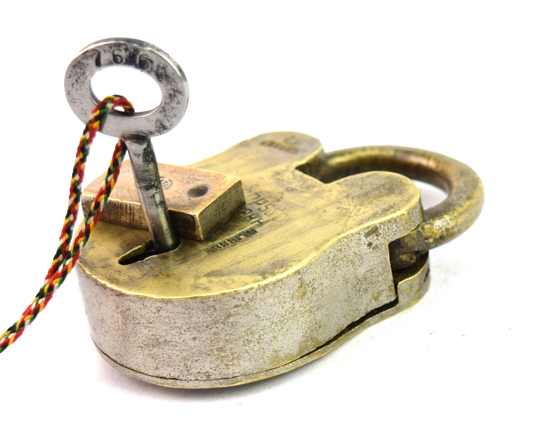 Old Vintage Rare Handmade Hind Azad Lock Pure Brass Padlock With Iron  Rustic Key
