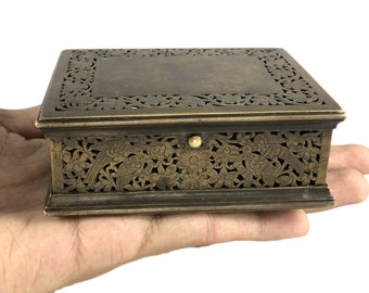 Antique Indo-Islamic Box - One Of A Kind Jali Cut Work Birds Figurative Mughal Period Box, Old Carved Design Betel Nut / Tobacco Box G7-1123