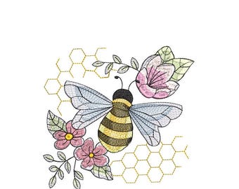 Embroidery File - Bee with Flower - 2 Sizes 6 and 4 inches instant download all format