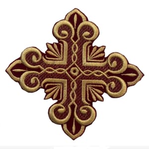Gold Embroidered Cross Applique: Burgundy Velvet Iron-On Patch