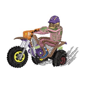 May include: A purple and pink ATV with a rider wearing a purple helmet and a green and pink racing suit. The ATV is on a white background and has a black and yellow tire.