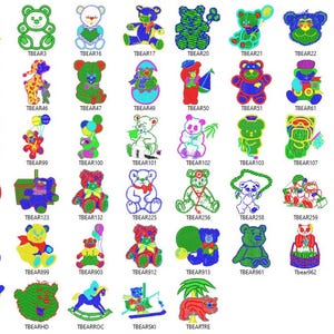 May include: A collection of 36 colorful embroidered bear designs. Each design features a different bear with various accessories and poses. The designs are perfect for creating personalized projects like clothing, bags, and home decor.