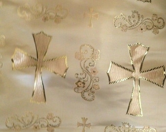 Tessuto jacquard regale con croce dorata e oro metallizzato - Ideale per il clero e l'uso liturgico, venduto tagliato su misura