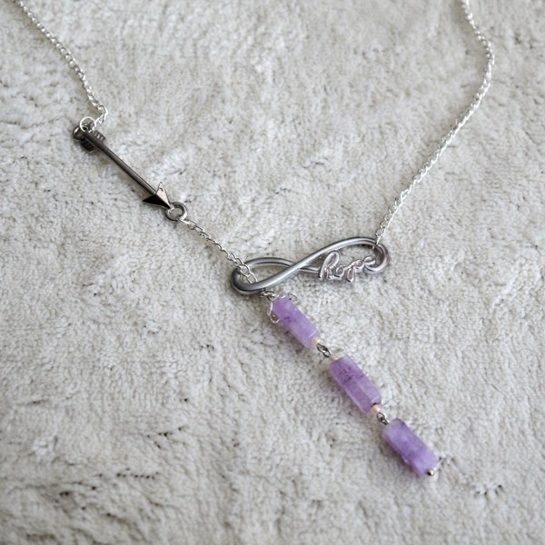 Subtle silver amethyst lariat necklace, Y shaped dainty necklace, infinity hope necklace, crystal healing feminine jewelry, gift for her