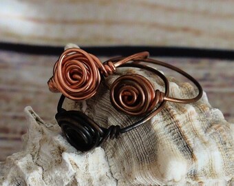 Rose flower copper wire ring, galaxy inspired spiral knot ring, romantic boho chic floral jewelry, unique gift for her