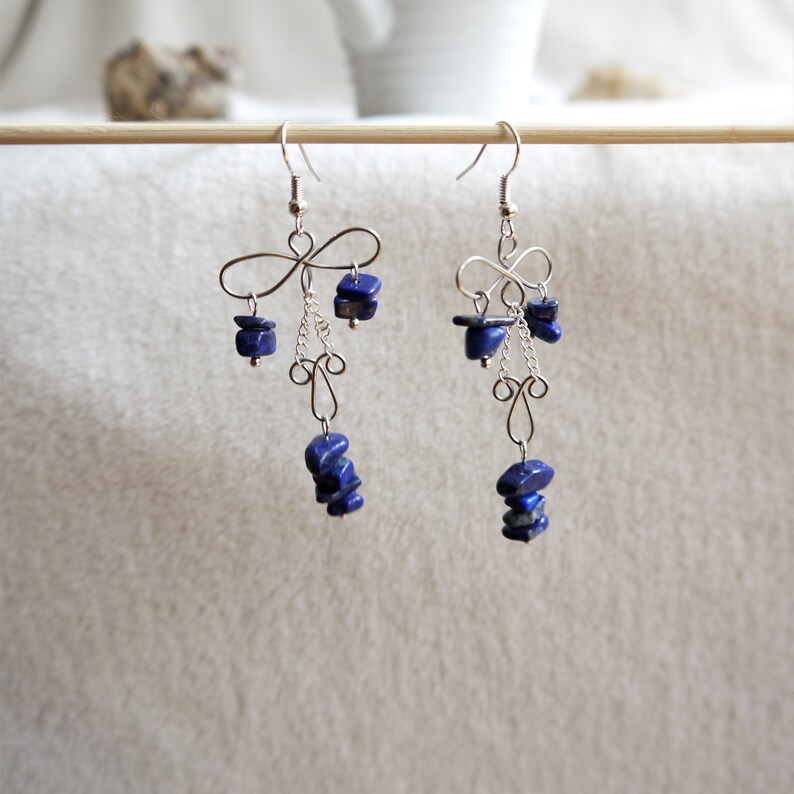 unusual boho statement silver earrings Lapiz lazuli blue gemstone wire chandelier earrings mother sister cousin friend gift