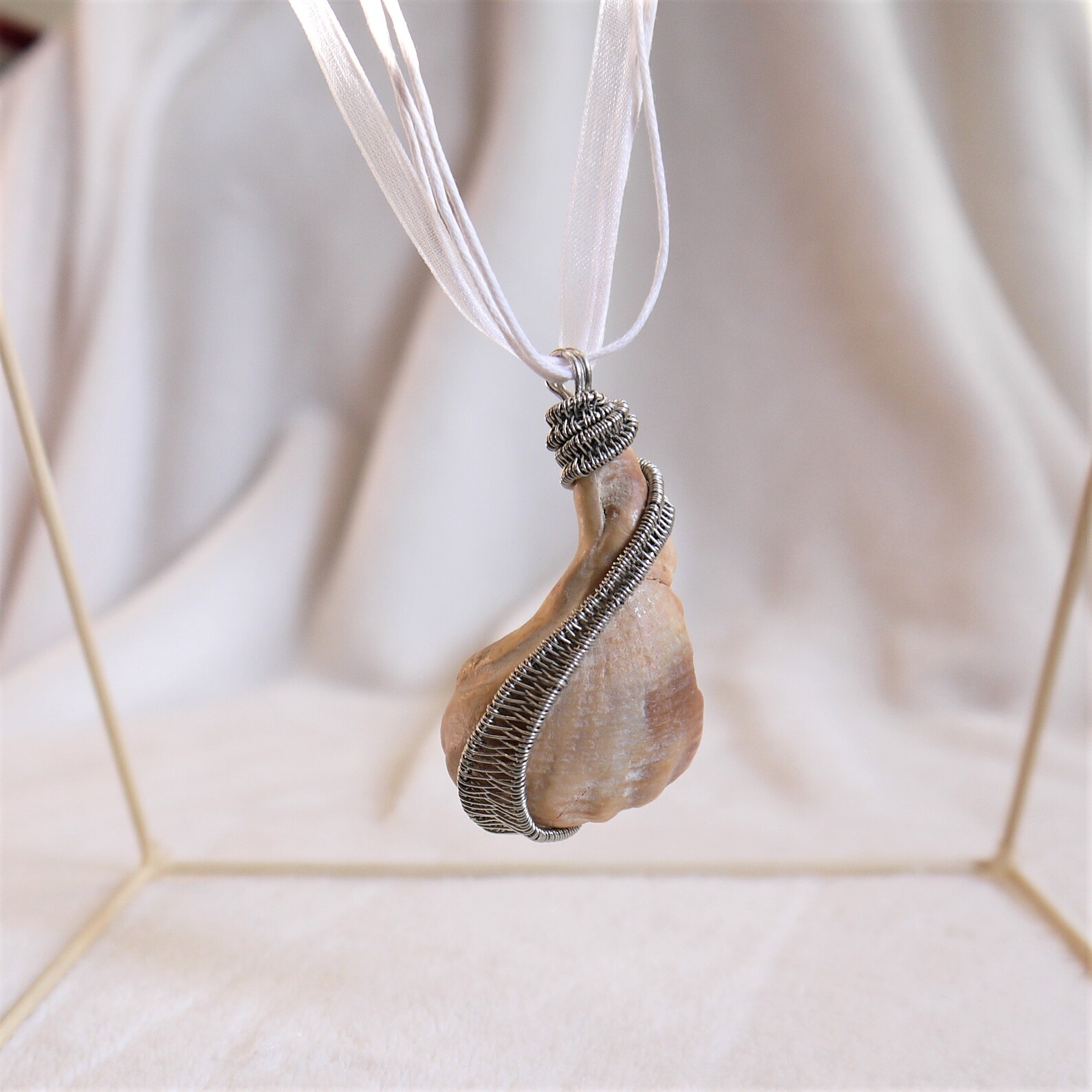 Wire Wrapped Shell Wire Wrapped Seashell, Woven Pendant, Broken Seashell, Silver White ...