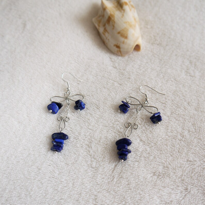 unusual boho statement silver earrings Lapiz lazuli blue gemstone wire chandelier earrings mother sister cousin friend gift
