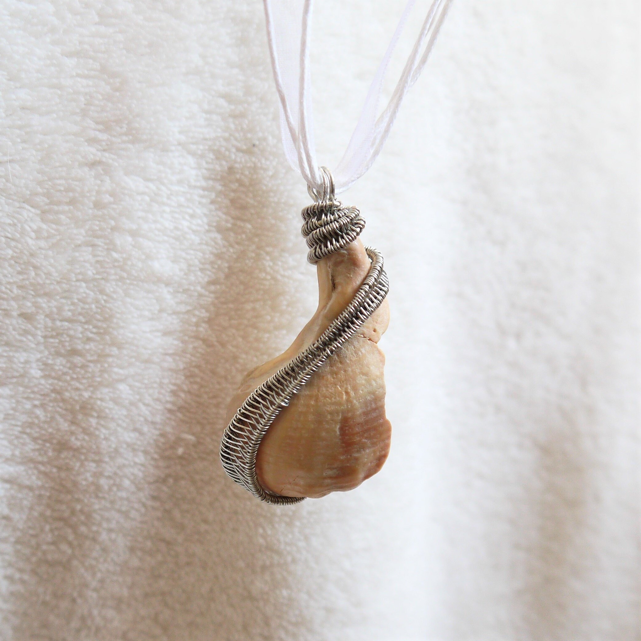 Wire Wrapped Shell Wire Wrapped Seashell, Woven Pendant, Broken Seashell, Silver White ...