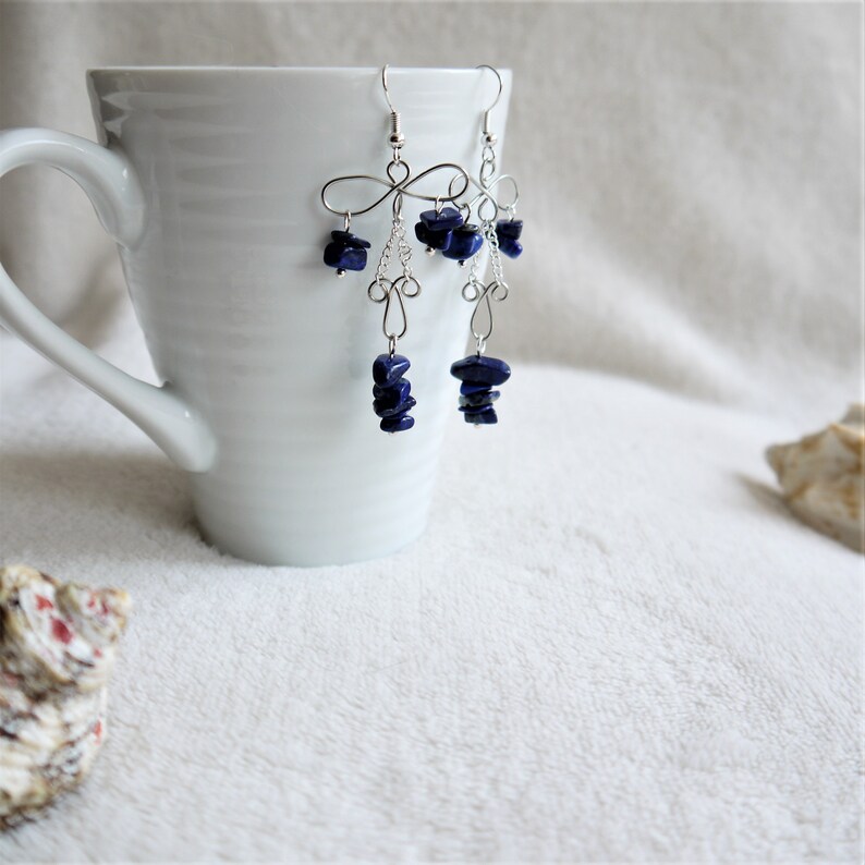 unusual boho statement silver earrings Lapiz lazuli blue gemstone wire chandelier earrings mother sister cousin friend gift
