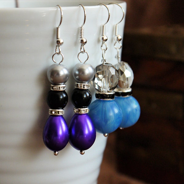 Crystal earrings, dangle earrings, purple black earrings, pearly earrings, grey blue earrings, minimalist jewelry, gift for her