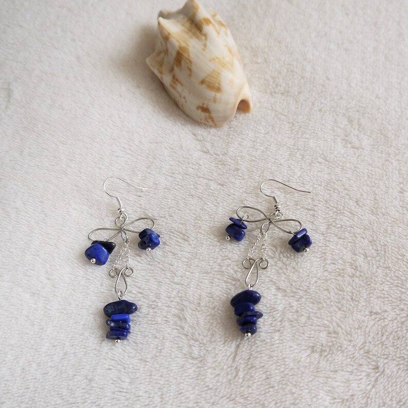 unusual boho statement silver earrings Lapiz lazuli blue gemstone wire chandelier earrings mother sister cousin friend gift