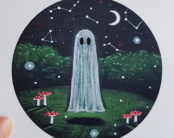 Art print A5 A4 Lovely floating woodland ghost/Halloween magical poster/Folklore art painting phantom and crescent moon/Whimsical fairytale