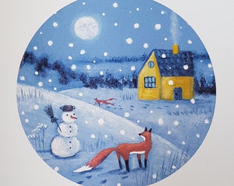 Art Print A4 Winter Fox and Yellow Cabin/Fairy tale cozy illustration woodland animal/Snowy night whimsical scenery/Countryside wall decor