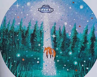 Art print A4 UFO Adventure/Ufo painting wall decoration/Cute Fox Alien abduction/Magical woodland illustration/Enchanted summer evening art