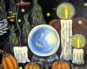 Hand painted original canvas painting, Halloween Still Life Painting, Witchy Crystal Ball & Pumpkins Art,Green Witch Apothecary illustration