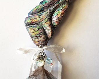 Wooden fantasy rainbow fairy wing talisman/Enchanted Forest pendant magical insect wing/Woodland pixie jewelry/Witchy wearable spring art