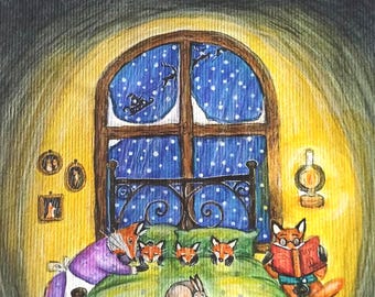 Santa is near - original watercolor painting on art paper/Magical illustration winter fox family/Whimsical winter animals art